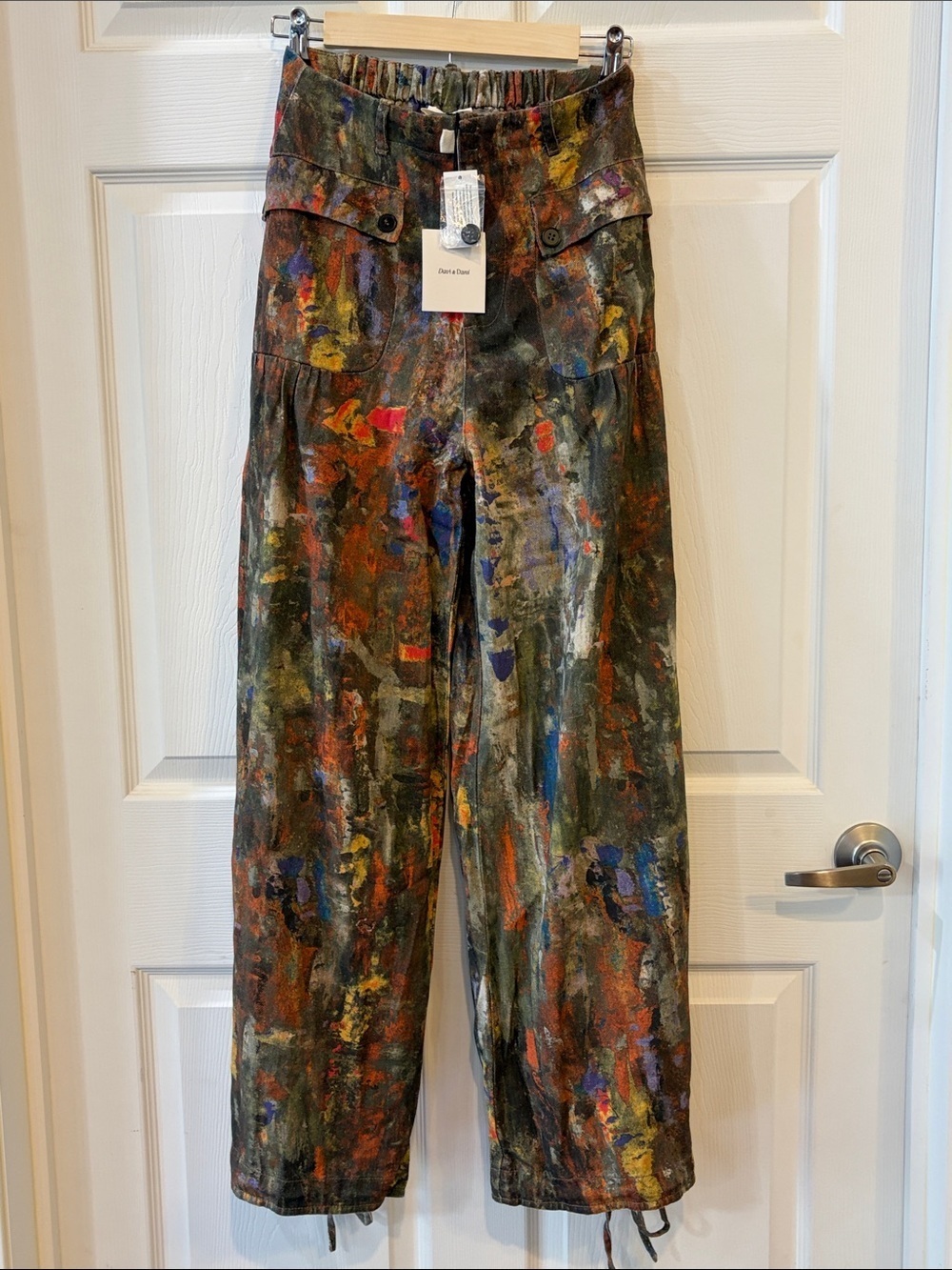 RESTOCKED DAVI & DANI Olive Orange Paint-Splatter Denim Balloon Bottom Pant - Picture 5 of 11